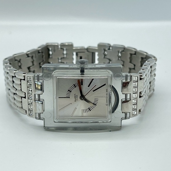 ?vintage Ladies Square Swatch Watch So Chic SUBM100G Stainless Steel Crystals main image 4